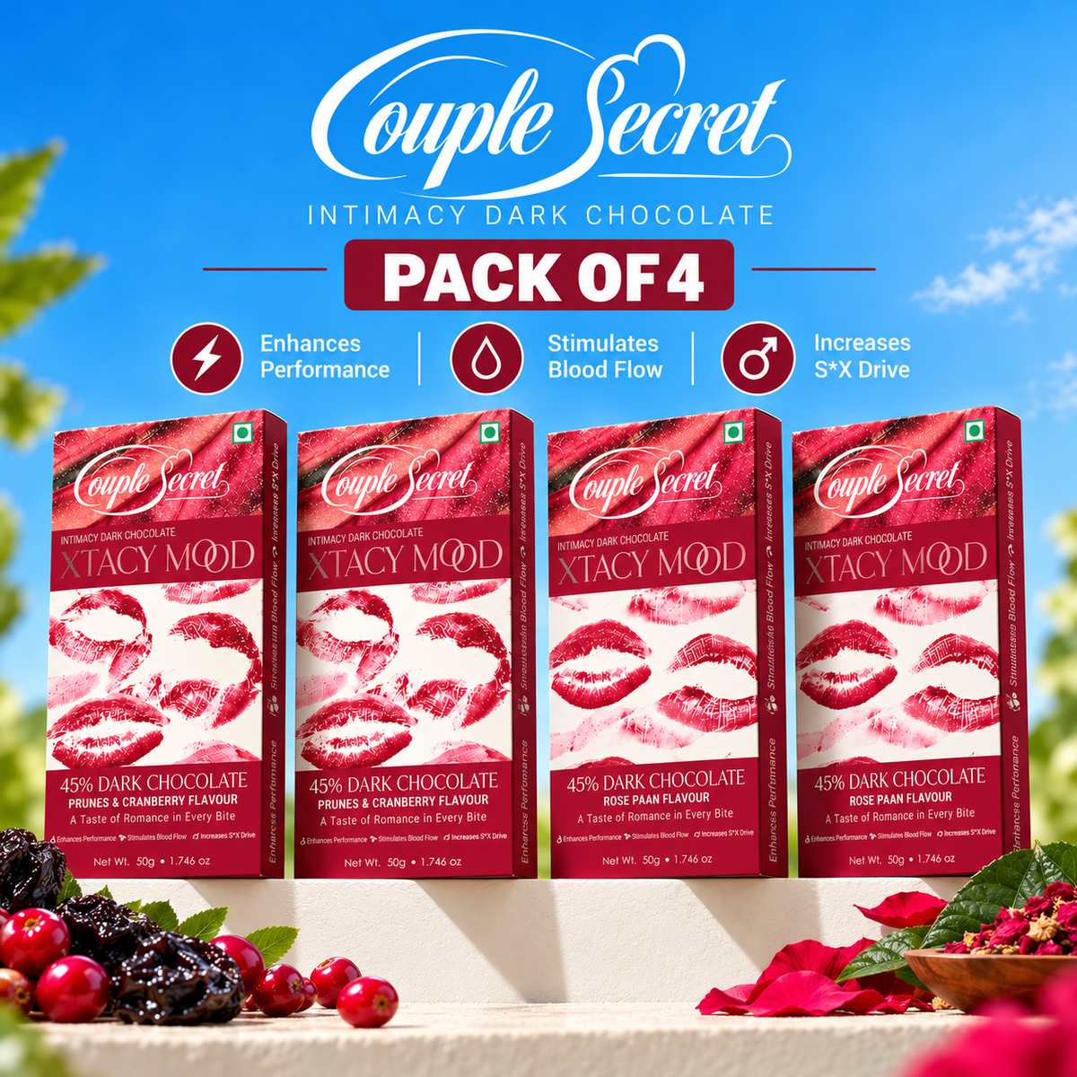 Xtacy Mood ( Intimacy Dark Chocolate) = Pack of 4 (Prunes & Cranberry,Rose Pan)