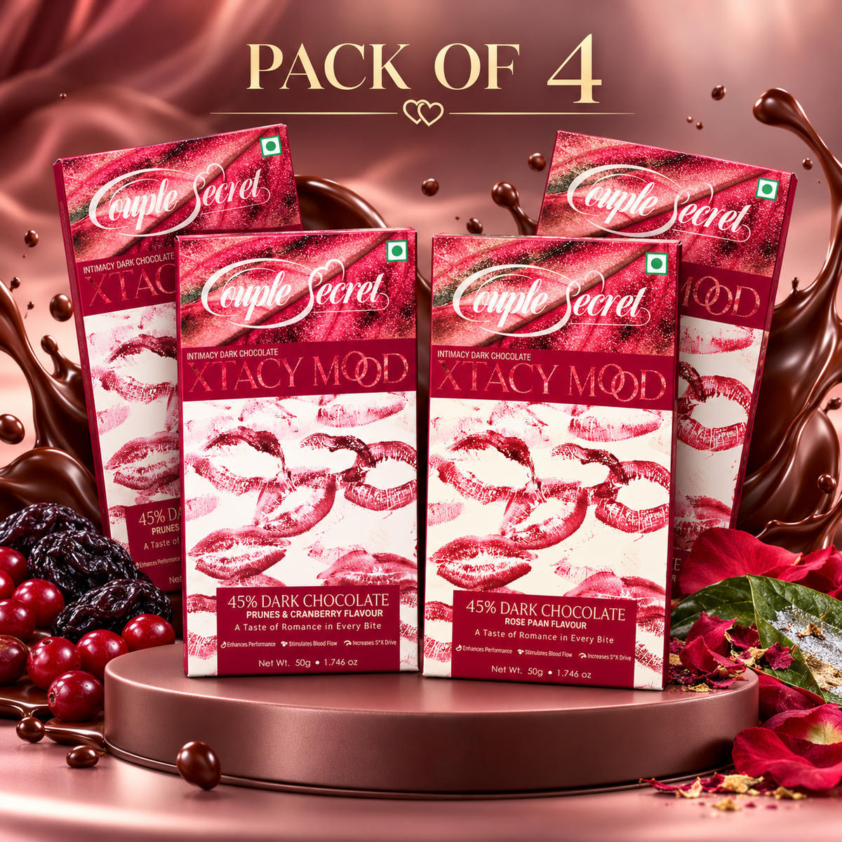 Xtacy Mood ( Intimacy Dark Chocolate) = Pack of 4 (Prunes & Cranberry,Rose Pan)